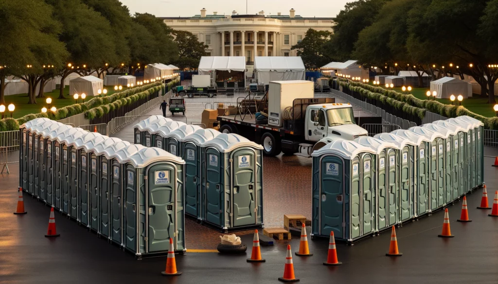 Festival porta potty bank with barricades in Pomona, California