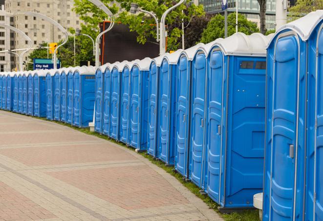 Seasonal porta potty units set up at a Pomona, California venue