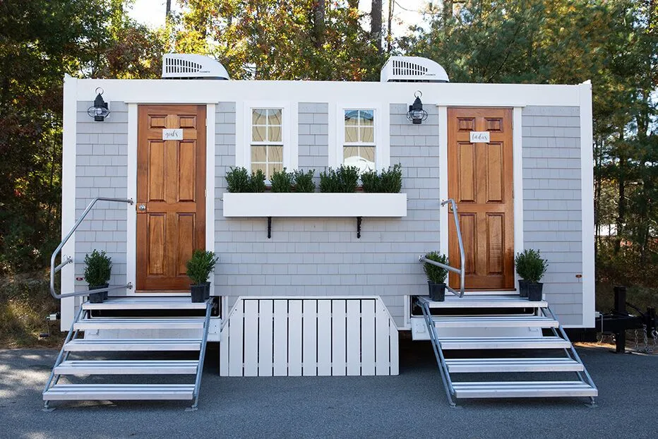 Wedding restroom units discretely staged at a venue in Pomona, California